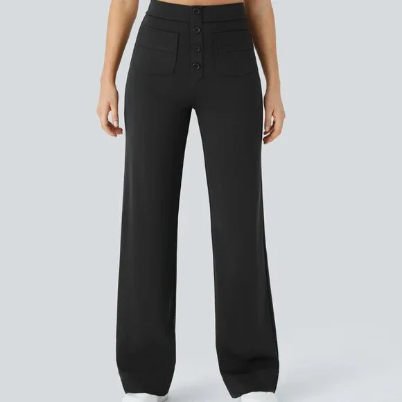 Halara High Waisted Button Pockets Wide Leg Casual Pants Women's XL Black Gym - Picture 2 of 11
